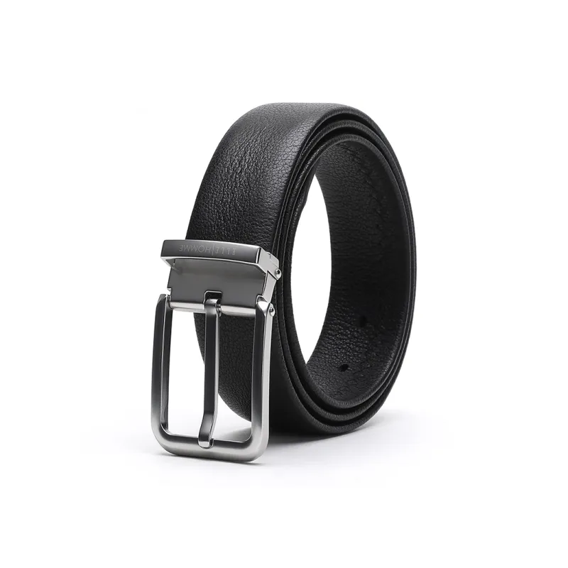 ELLE HOMME Pin Buckle Belt Casual Fashion Top Grain Cow Leather Belts Men's Black Width 3.4cm-1
