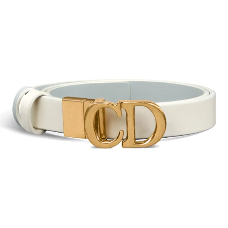 DIOR CD Smooth Belt Buckle, Horseback Double Sided Leather Belts Women's White Width  2CM-1