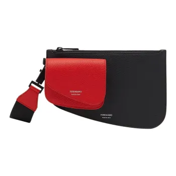 FERRAGAMO Embossed Calfskin Clutch Unisex Flame Red & Black