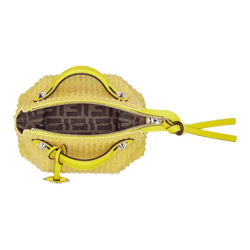 FENDI FF Pattern Jacquard Fabric Sheepskin Handbag Mini Women's Yellow-5