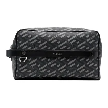 VERSACE Leather Toiletry Bags Clutches Small Size Men's Black