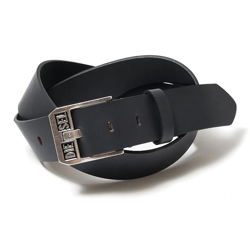 DIESEL Letter Logo Pin Buckle Leather Belts Unisex Black Width 4.7cm-0
