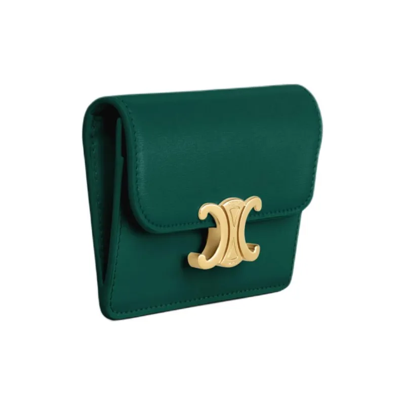CELINE Triomphe Shiny Cow Leather Wallet, Card Holder Women's Racing Green-1