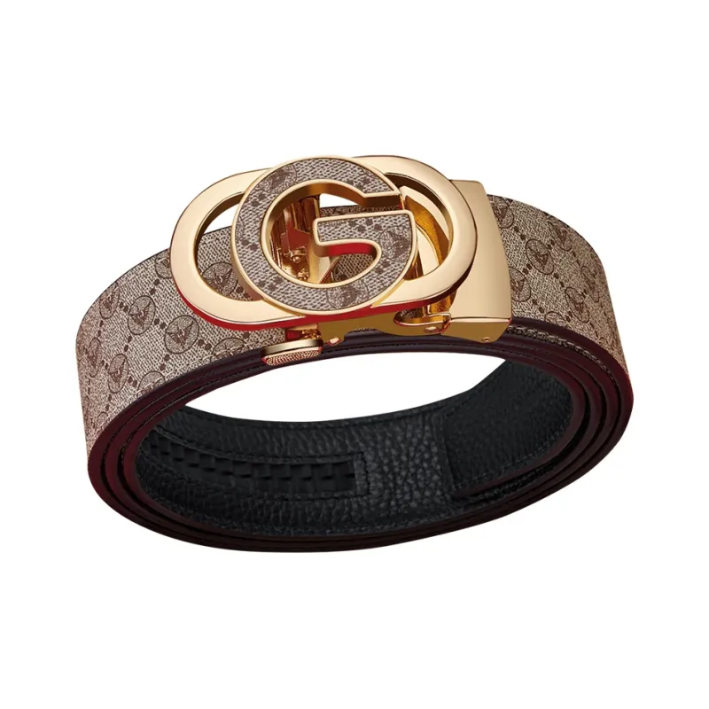 WilliamPOLO PVC Leather Belts Men's Gold Buckle Khaki Width 3.5cm-1