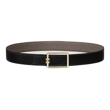 HERMES Gold Thread Lined Logo Buckle Togo Calfskin Double Sided Leather Belt Men's Black Width  3.2cm