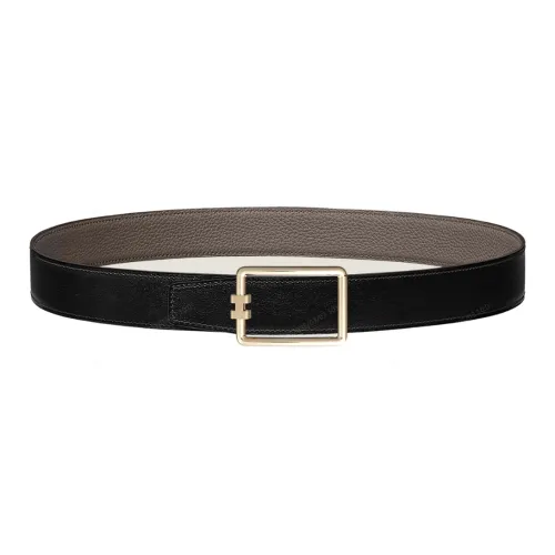 HERMES Gold Thread Lined Logo Buckle Togo Calfskin Double Sided Leather Belt Men's Black Width  3.2cm