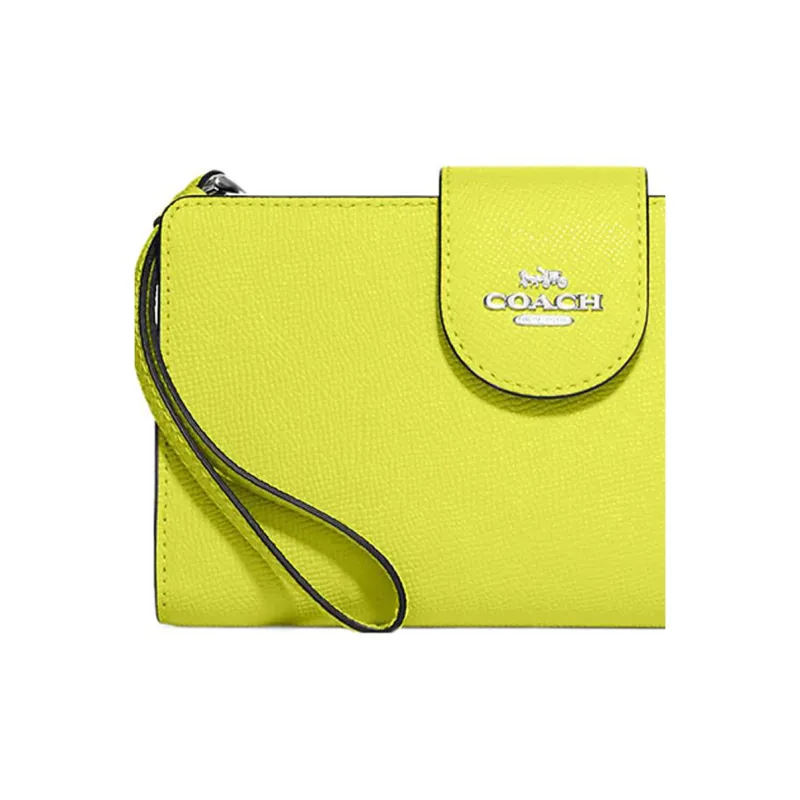 COACH Tech Wallet Cross-Stitch Leather Wrist Bags Clutches Wallets Small Size Women's Lemon-3