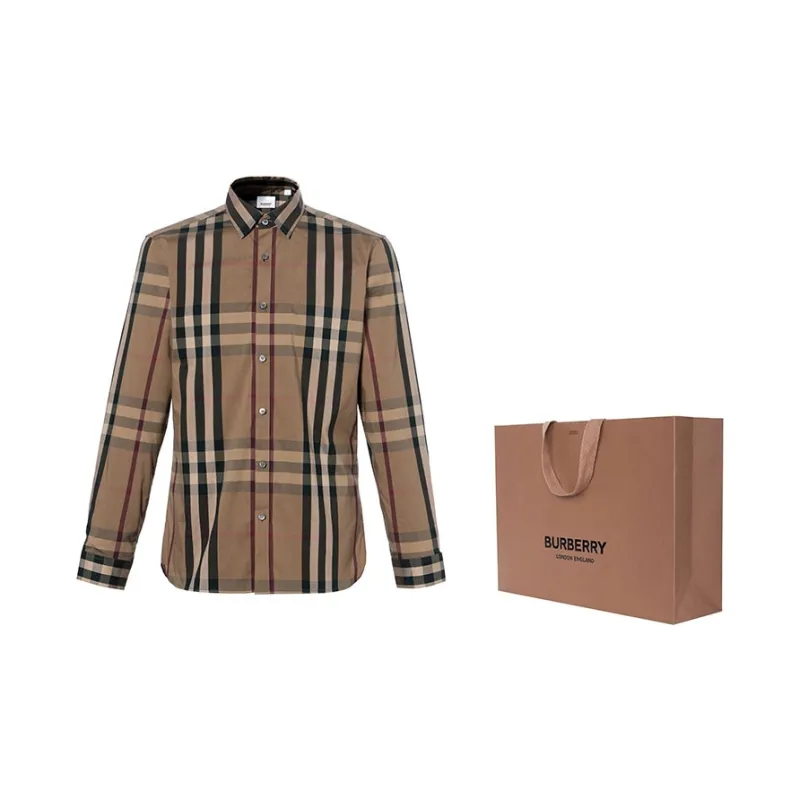 Burberry Check Point Collar Single-Breasted Long Sleeve Shirt Brown-2