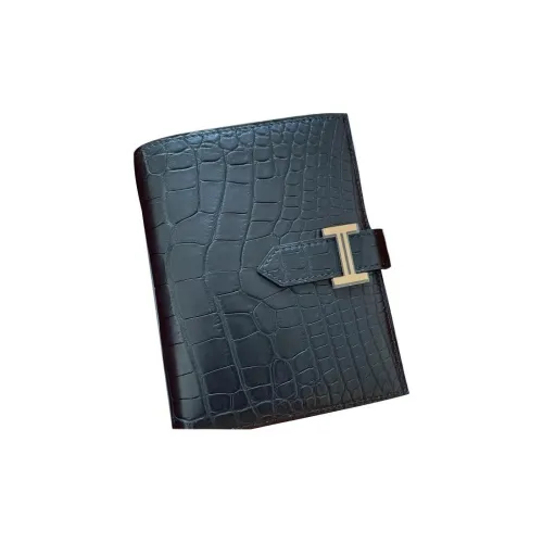 HERMES Bearn Matte Finish Alligator Leather Wallet Regular Women's 89 Nior Black