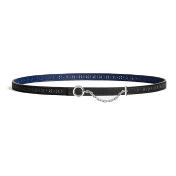 HERMES Cut-Out Floral Ring Buckle Leather Belts Women's Blue Width 1.3CM