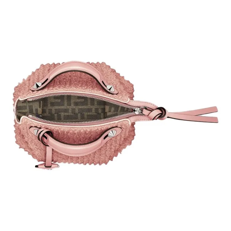 FENDI FF Pattern Jacquard Fabric Sheepskin Handbag Mini Women's Pink-5