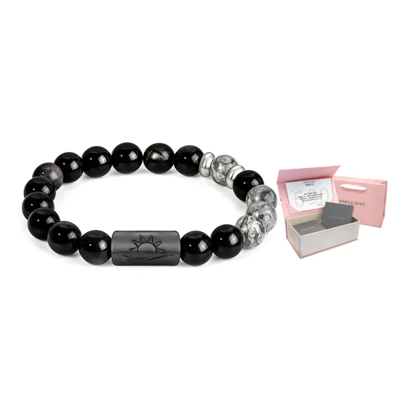 SIMPLE JOYS Obsidian White Turquoise Map Stone Bracelets Unisex Black, White, Gray Gift Box Set-17