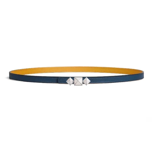 HERMES Double Sided Decorative Plate Buckle Leather Belts Women's Blue/Yellow Width 1.3CM