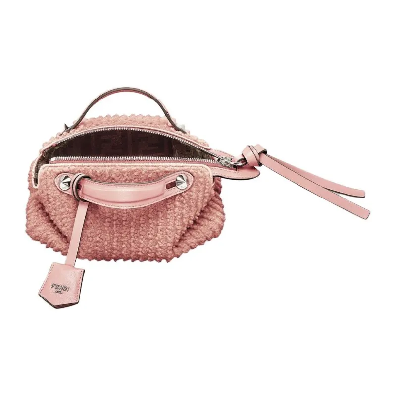 FENDI FF Pattern Jacquard Fabric Sheepskin Handbag Mini Women's Pink-4