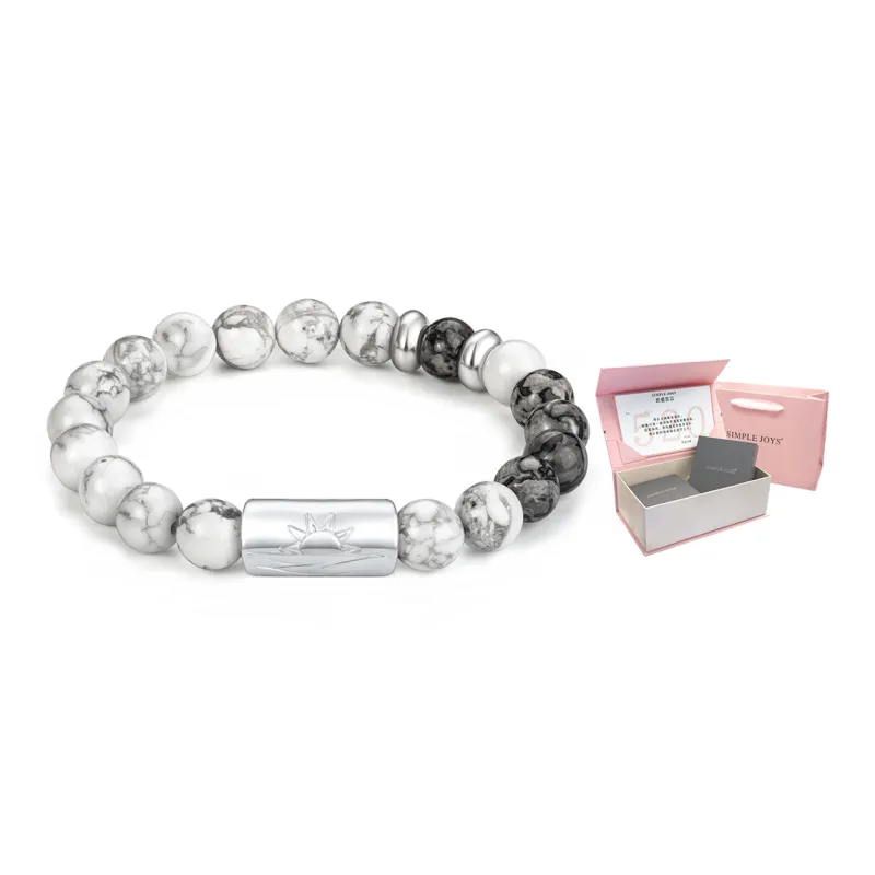 SIMPLE JOYS Obsidian White Turquoise Map Stone Bracelets Unisex Black, White, Gray Gift Box Set-19