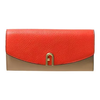Furla Grained Leather Patchwork Calfskin Wallet Extra Large Women's Splitz Orange/Gray/Cognac Brown
