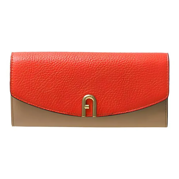 Furla Grained Leather Patchwork Calfskin Wallet Extra Large Women's Splitz Orange/Gray/Cognac Brown-0