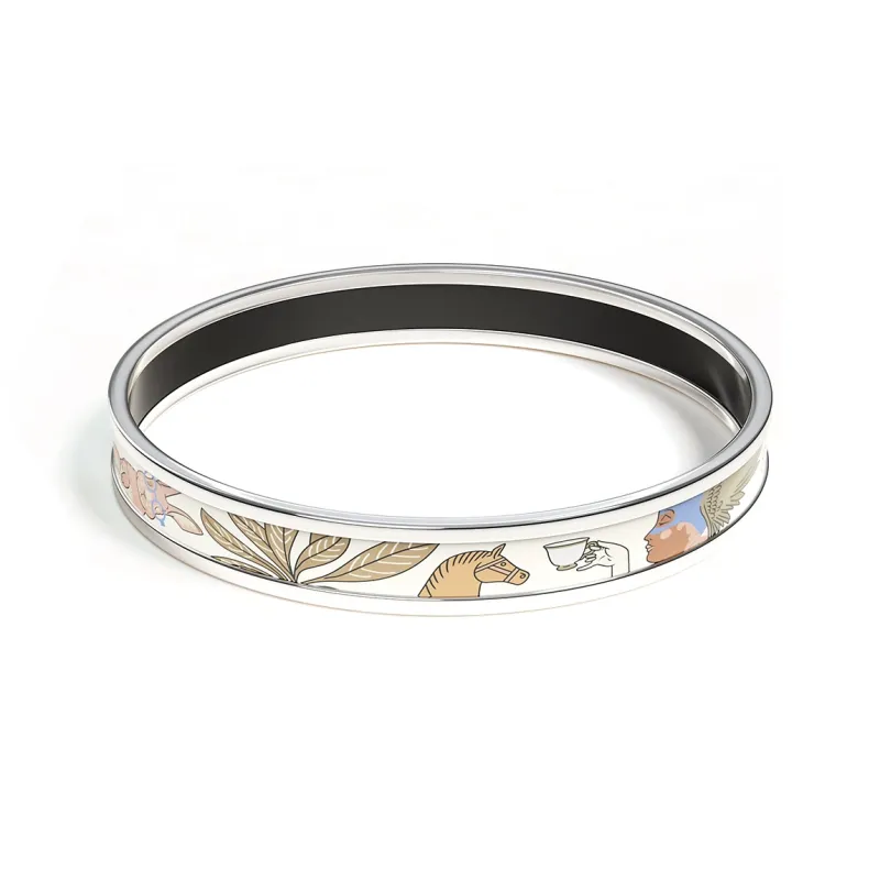 HERMES Enamel Bangles Women's Silver White-1