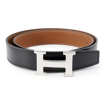 HERMES Cow Leather Belt Men's Black/Gold Width  3.2cm