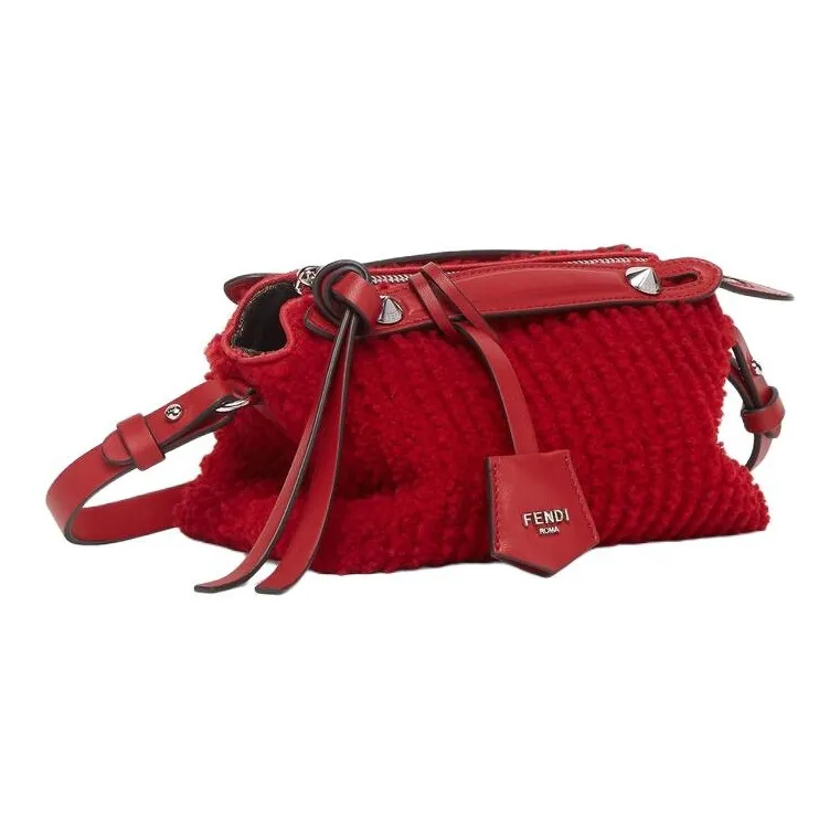 FENDI FF Pattern Jacquard Fabric Sheepskin Handbag Mini Women's Red-2