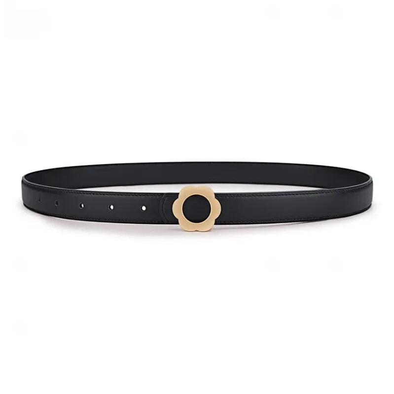Old Man's Head New Arrival Small Flower Button Top Grain Cow Leather Leather Belts Women's Black 2.4cm-3