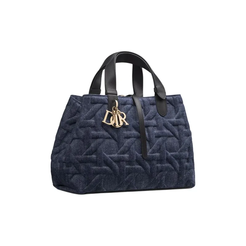 DIOR Fabric Cow Leather Patchwork Handbag Medium Size Women's Blue-1