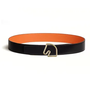 HERMES Gold Horse Head Buckle Double Sided Leather Belts Men's Black/Orange Width 3.8CM