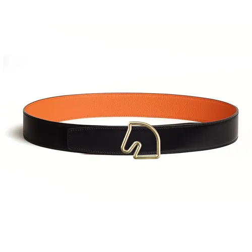 HERMES Gold Horse Head Buckle Double Sided Leather Belts Men's Black/Orange Width 3.8CM