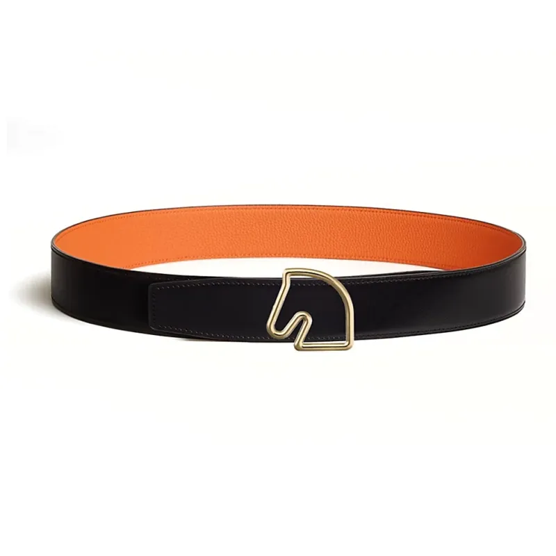 HERMES Tete De Cheval Gold Horse Head Buckle Double Sided Leather Belts Men's Black/Orange Width 3.8cm-0