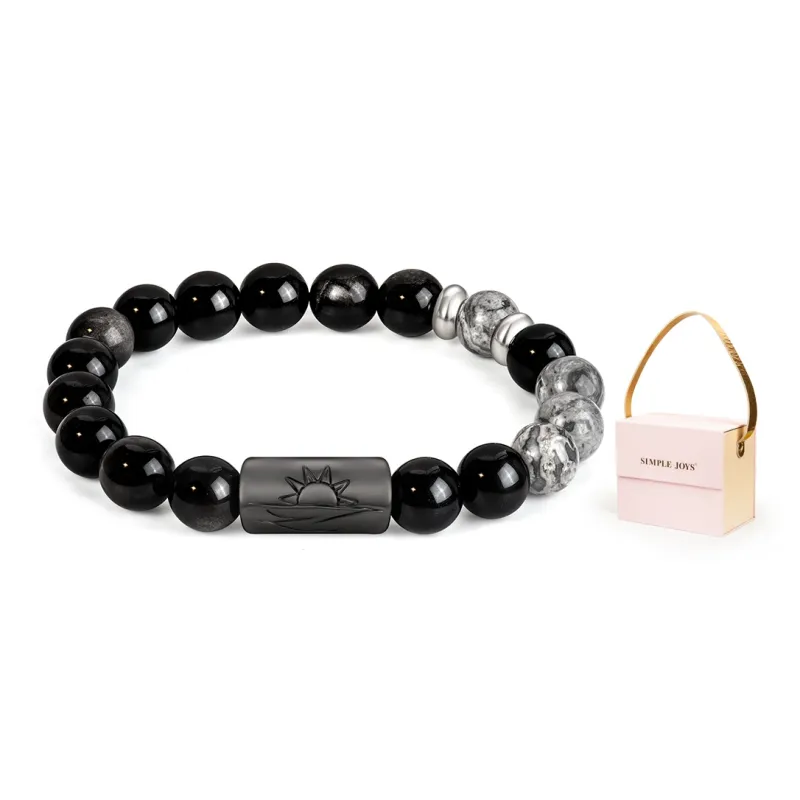 SIMPLE JOYS Obsidian White Turquoise Map Stone Bracelets Unisex Black, White, Gray Gift Box Set-25