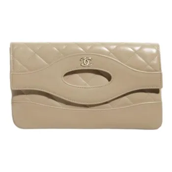 CHANEL Polished Lambskin Pouch Clutch Trumpets Women's Dark Beige