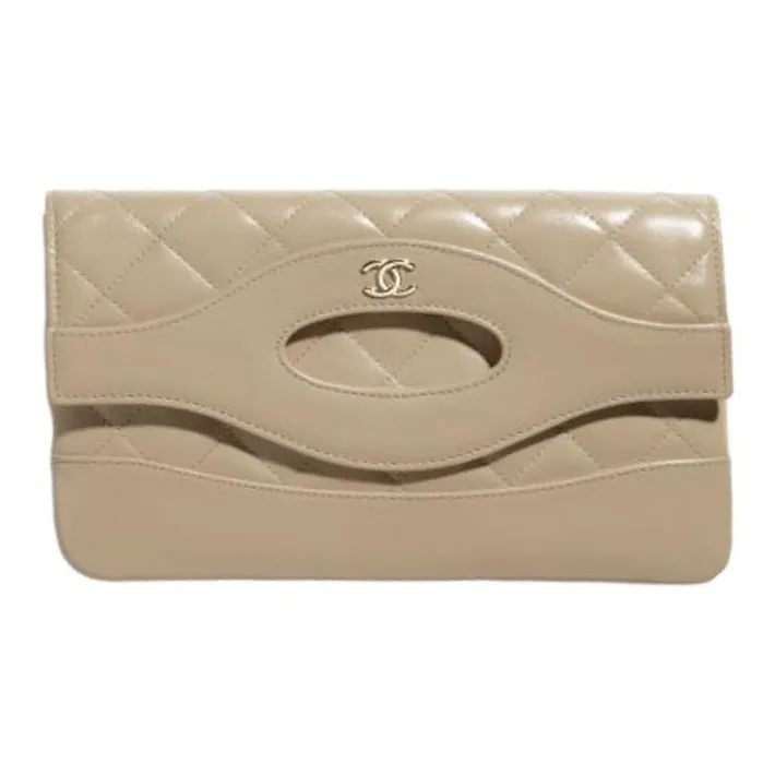 CHANEL Polished Lambskin Pouch Clutch Trumpets Women's Dark Beige-0
