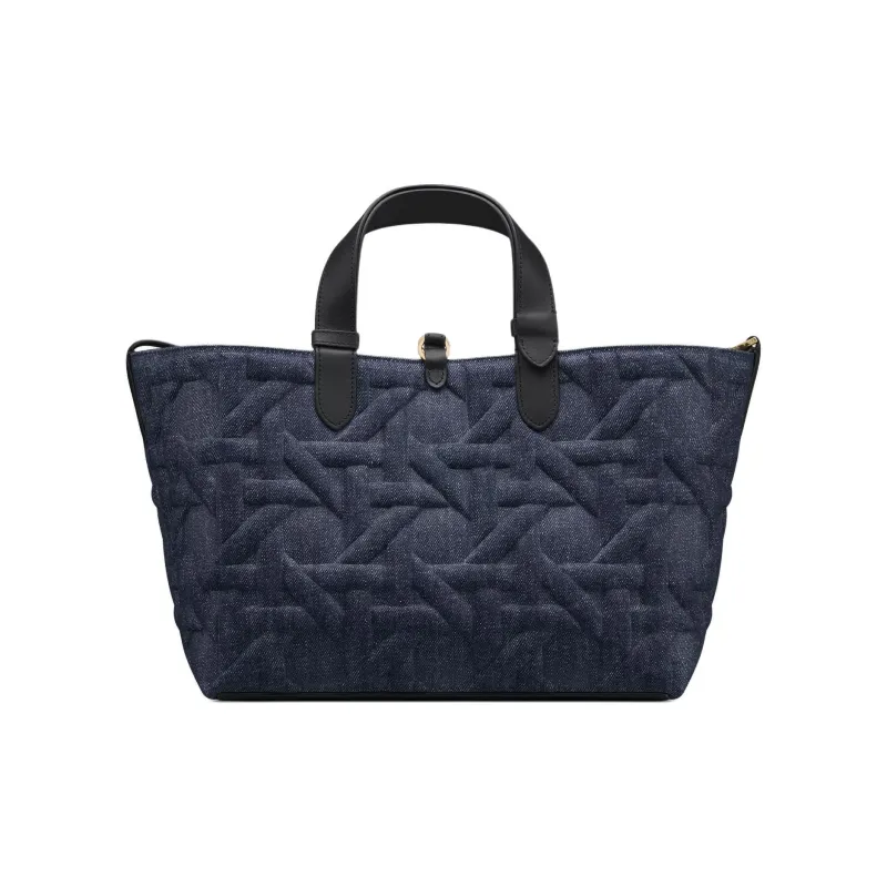 DIOR Fabric Cow Leather Patchwork Handbag Medium Size Women's Blue-2