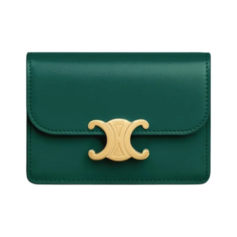 CELINE Triomphe Shiny Cow Leather Wallet, Card Holder Women's Racing Green-0