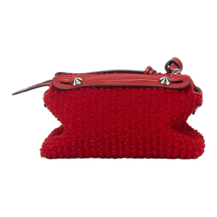 FENDI FF Pattern Jacquard Fabric Sheepskin Handbag Mini Women's Red-3