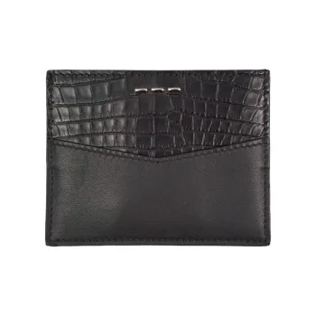 FENDI Crocodile Leather Patchwork Calfskin Card Holder Men's Black