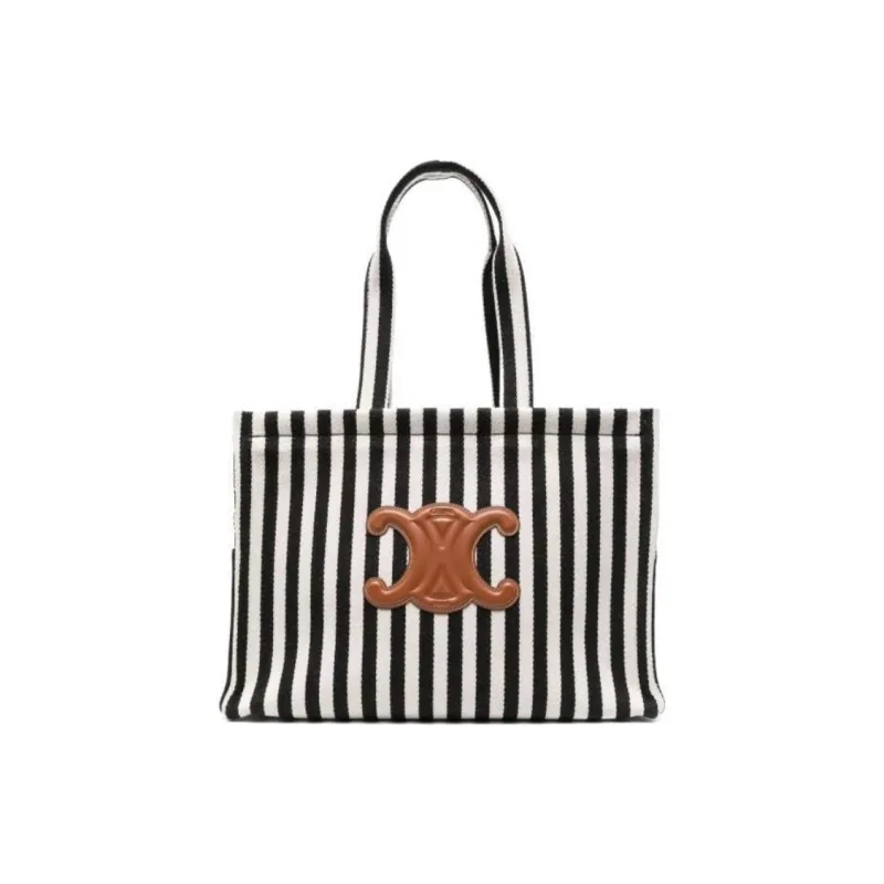 CELINE Fabric With Cow Leather Tote Bag, Shopping Bag, Handbag Large Size Women's Black White-0