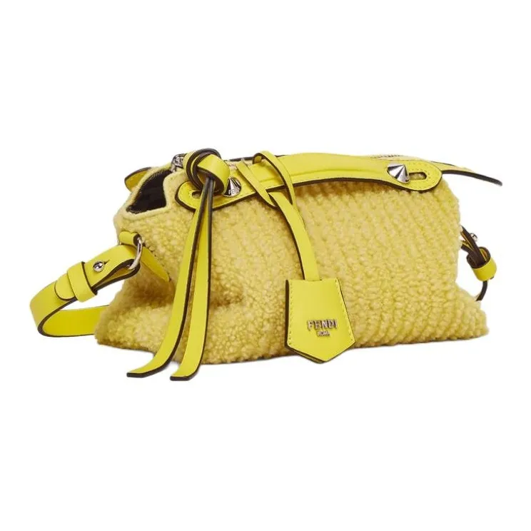 FENDI FF Pattern Jacquard Fabric Sheepskin Handbag Mini Women's Yellow-2