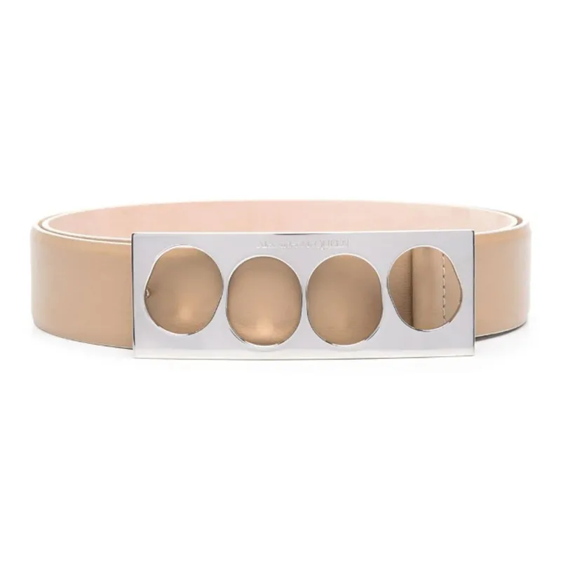 Alexander McQueen Solid Color Mesh Smooth Buckle Calfskin Leather Belts Men's Beige-0
