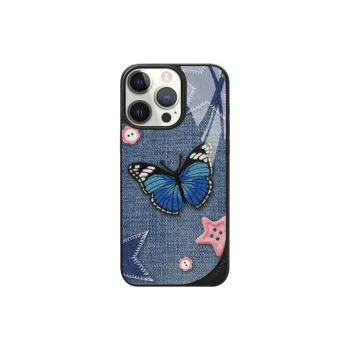 LANWK Glass Material Denim Butterfly Phone Case Compatible With Apple IPhone 14/15/16/Pro/Pro Max Case With Magnetic