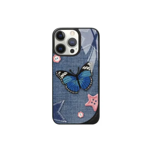 LANWK Glass Material Denim Butterfly Phone Case Compatible With Apple IPhone 14/15/16/Pro/Pro Max Case With Magnetic