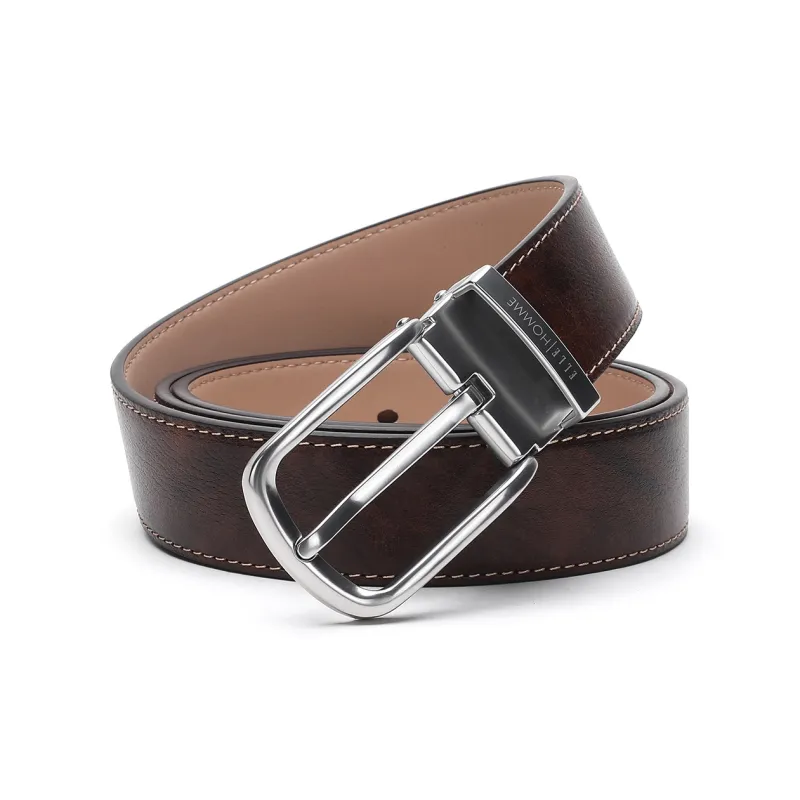 ELLE HOMME Pin Buckle Belt Fashion Alloy Buckle Cow Leather Belts Men's Brown Width 3.4cm-4