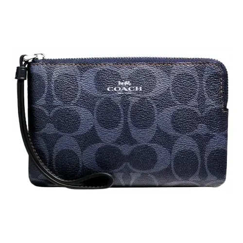 COACH Corner Zip PVC Leather Wrist Bag Mahjong Bag Clutch Large Size Women's Midnight Blue