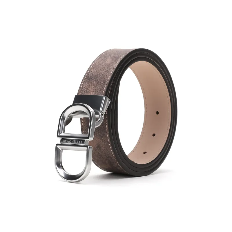 ELLE HOMME Plate Buckle Belt Genuine Leather, Alloy Buckle Top Grain Cow Leather Belt Men's Light Brown Width 3.4cm-2