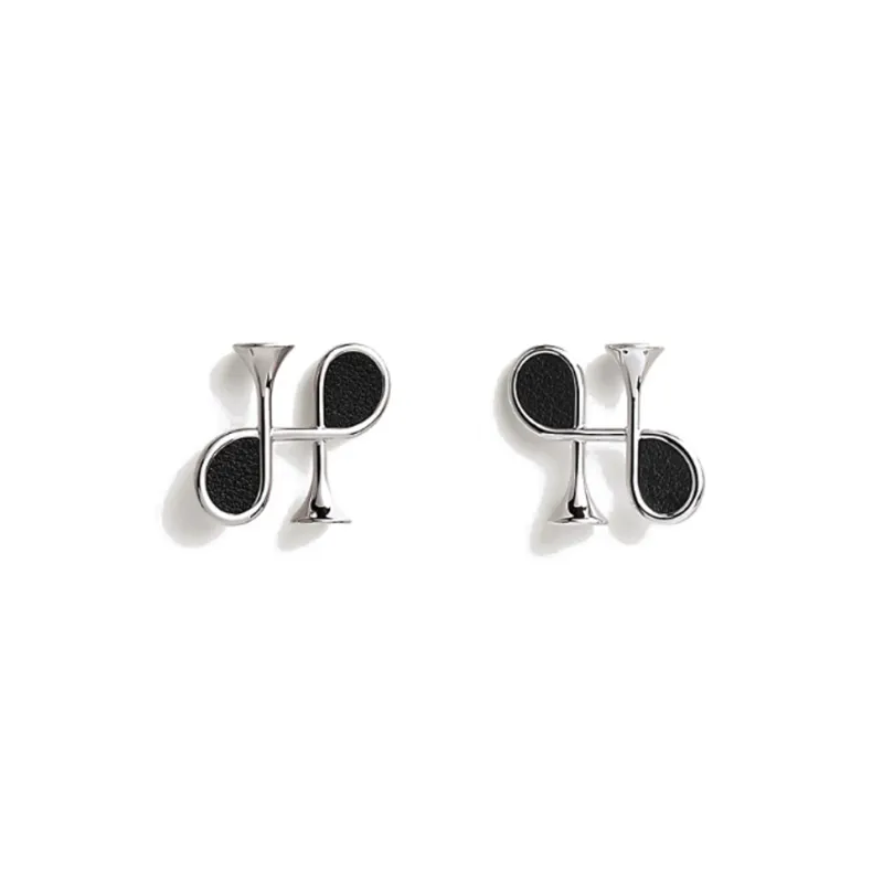 HERMES Palladium Plated Calfskin Earrings Women's Silver/Black-0