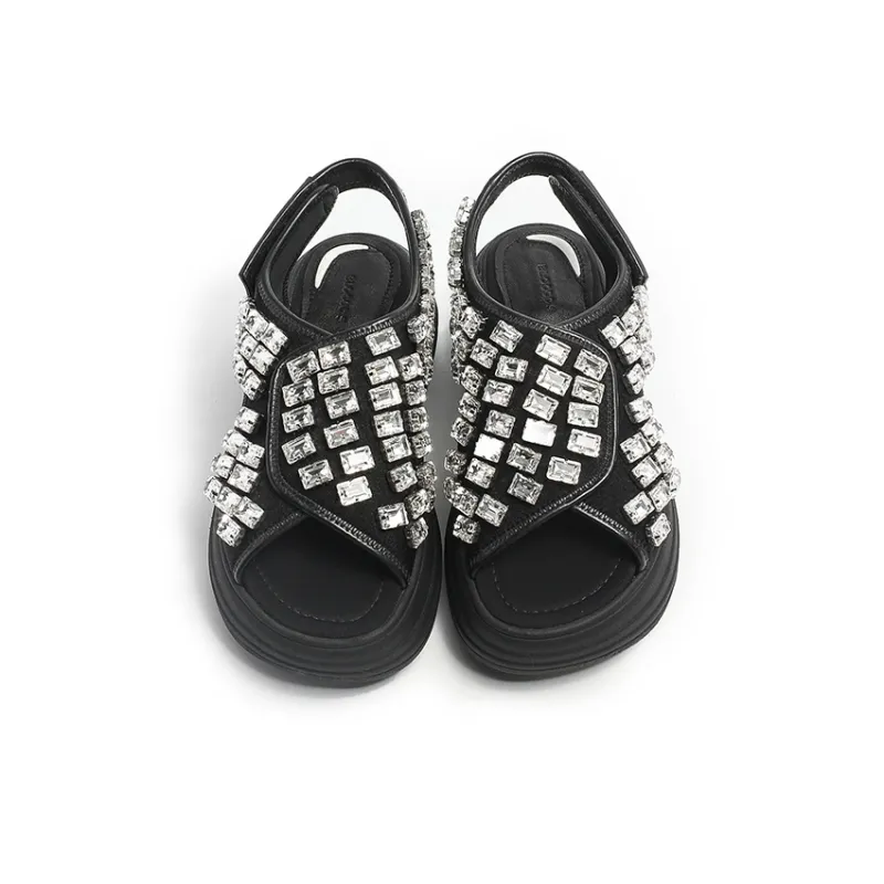 BLOCCO5 Height Increasing Rhinestone Hook and Loop Outdoor Slippers Strap Sandals Medium Heel 3 5cm Women's Black-4