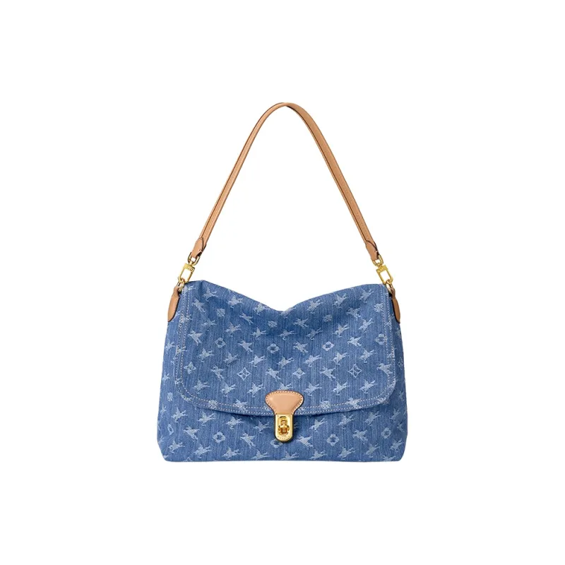 NUCELLE Fabric Denim Bag Shoulder Bag Crossbody Bag Medium Size Women's Tannin Blue/Twilight Black-1