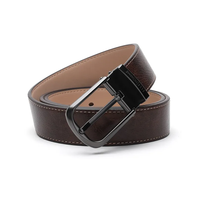 ELLE HOMME Pin Buckle Belt Fashion Alloy Buckle Cow Leather Belts Men's Brown Width 3.4cm-0
