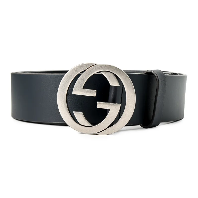 GUCCI Men's Distressed Leather Smooth Buckle, Double GG Logo Belt Leather Belts Men's Width 3.5cm-1