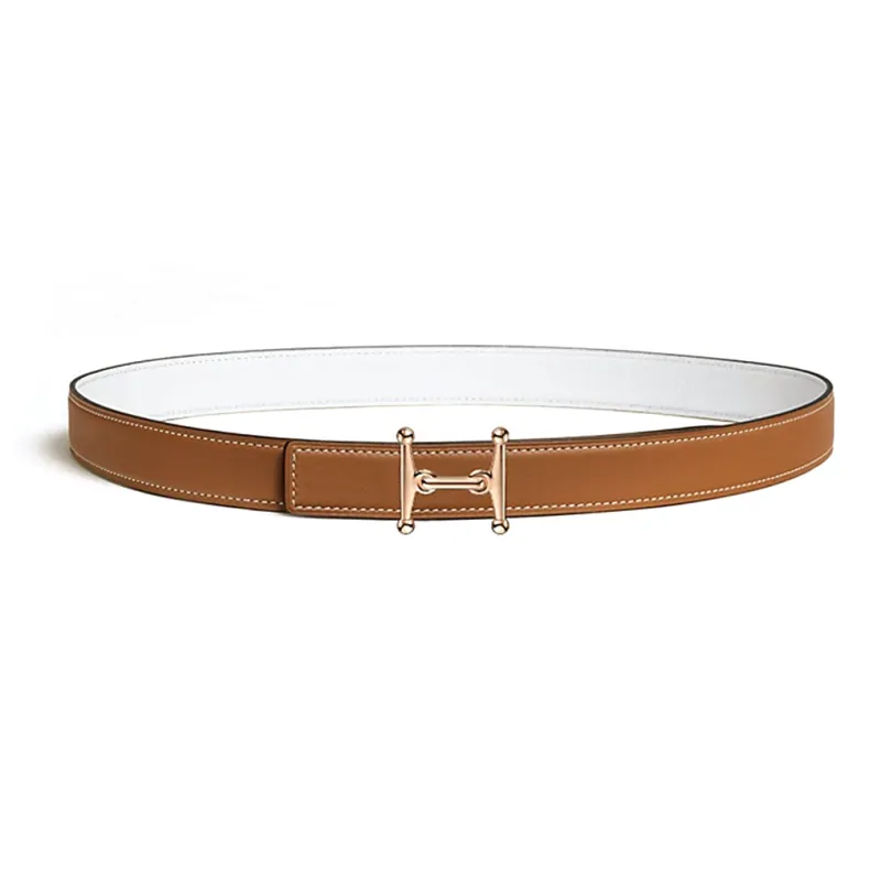 HERMES Mors H Styling, Double Sided, Smooth Buckle Leather Belts Women's Brown Width 2.4CM-0